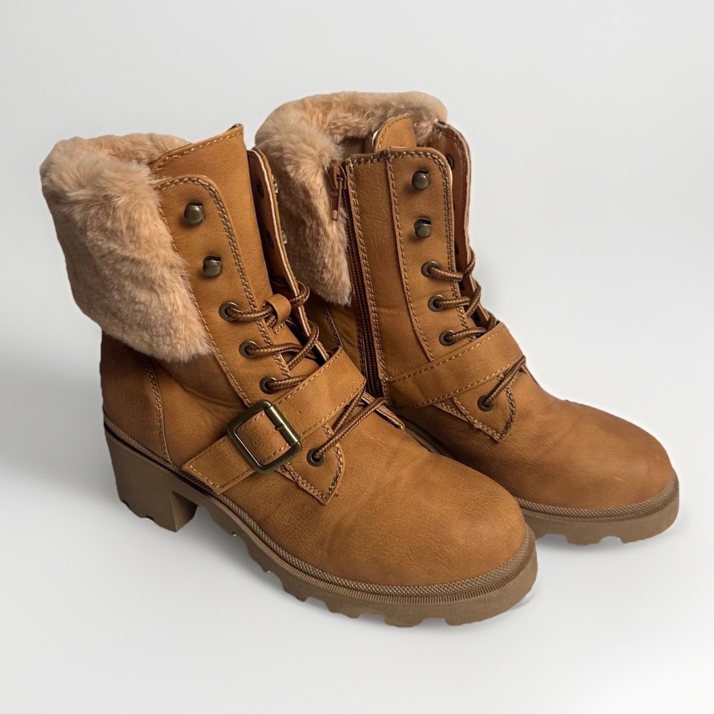 Frankie Women Faux Leather Fur Trim Combat Boots Side Zip Lug Sole W20A140W 9